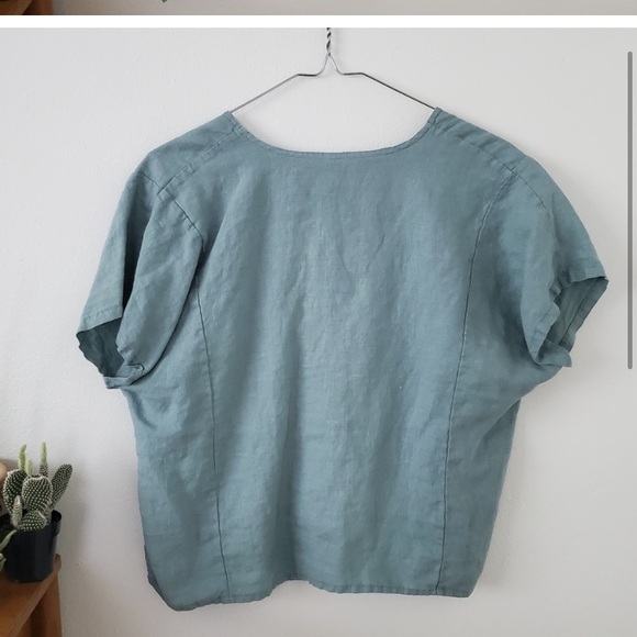 vtg bryn walker linen button boxy crop teal boho slub cottage hippie beachy top - Picture 2 of 3